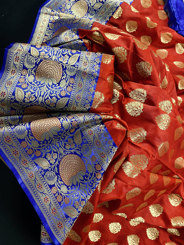 Red with blue color combination Traditional Banarasi Handloom Saree in Banarasi Silk | Soft Silk Saree | Kaash Collection - Kaash Collection