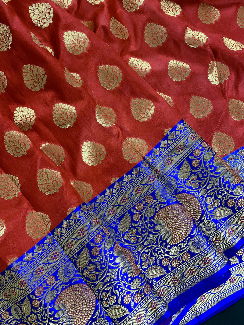 Red with blue color combination Traditional Banarasi Handloom Saree in ...