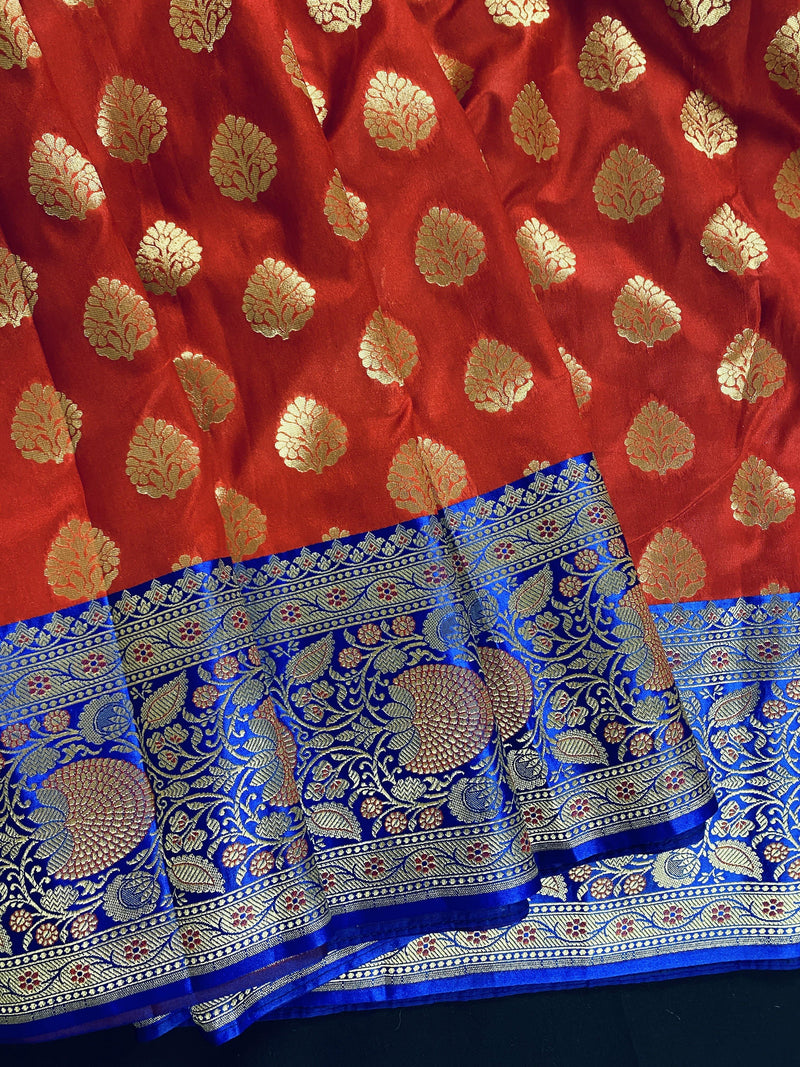 Red with blue color combination Traditional Banarasi Handloom Saree in Banarasi Silk | Soft Silk Saree | Kaash Collection - Kaash Collection