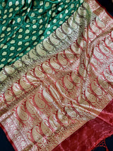 Banarasi Tanchoi Silk Handloom Saree in Green and Red color combination | Zari Weaving with Motifs | Tanchoi Silk Saree | Kaash Collection - Kaash Collection