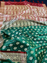 Banarasi Tanchoi Silk Handloom Saree in Green and Red color combination | Zari Weaving with Motifs | Tanchoi Silk Saree | Kaash Collection - Kaash Collection