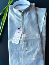 Sliver Grey Kurta in Soft Silk  Self Design material and small Zari floral buttis | Cream Mens Kurta | Grey Kurta Pajama for Men | Men Kurta - Kaash Collection