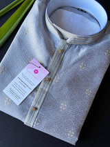 Sliver Grey Kurta in Soft Silk  Self Design material and small Zari floral buttis | Cream Mens Kurta | Grey Kurta Pajama for Men | Men Kurta - Kaash Collection