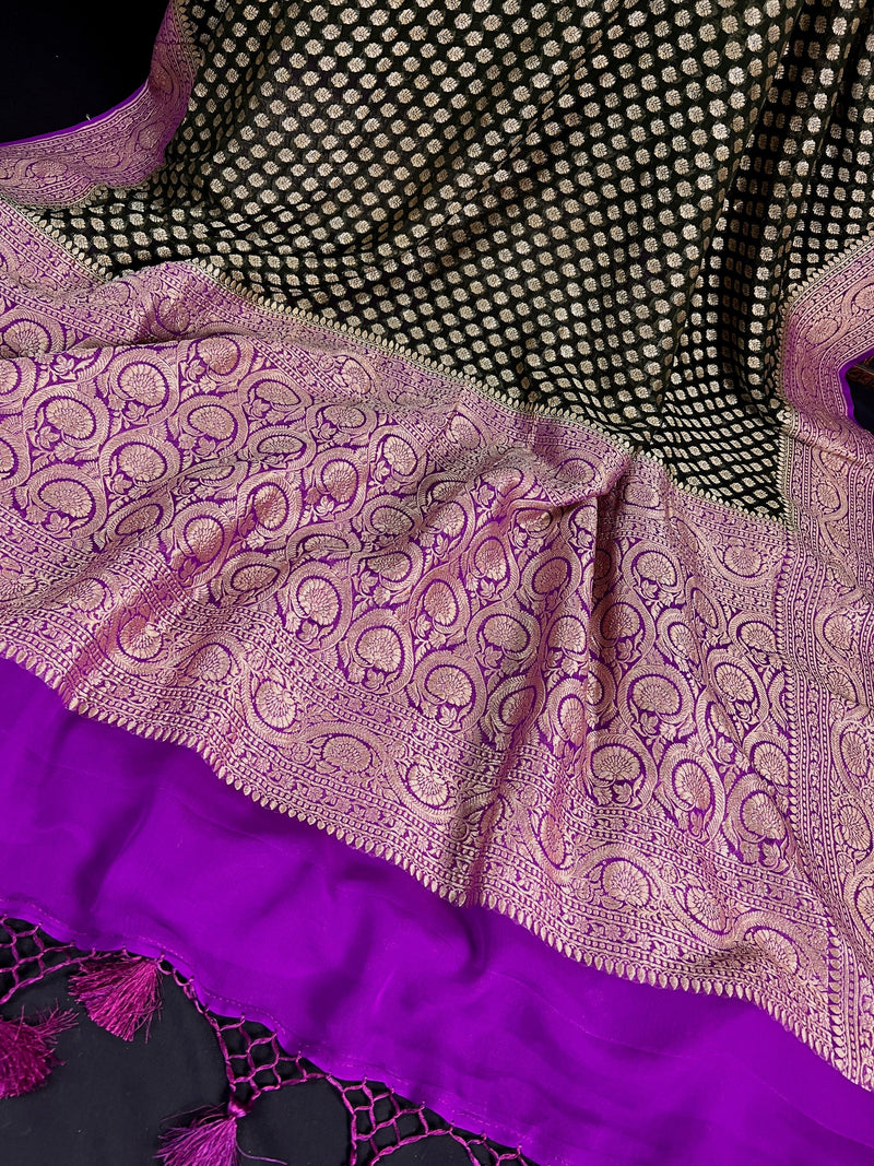 Dark Heena Green with Purple Color Pure Banarasi Khaddi Georgette Silk Saree with  Zari Weave | Handwoven Saree | SILK MARK CERTIFIED - Kaash Collection