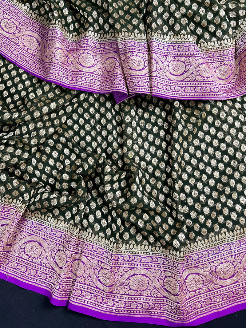 Dark Heena Green with Purple Color Pure Banarasi Khaddi Georgette Silk Saree with  Zari Weave | Handwoven Saree | SILK MARK CERTIFIED - Kaash Collection