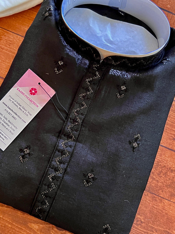 Black Premium Quality Raw Silk Kurta Pajama for Men with Hand Emberiodery and Sequin Work | Designer Kurta for Men | Sequence Kurta - Kaash Collection
