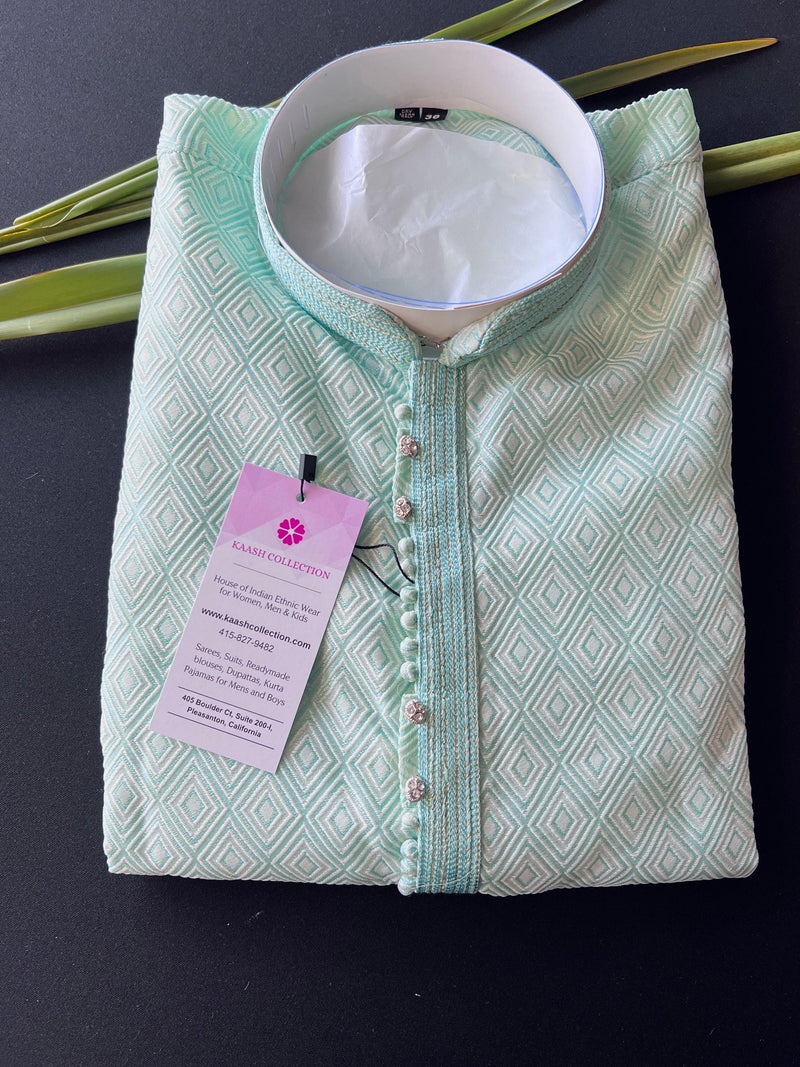 Pastel Green Soft Silk Men Kurta Pajama with Self Design material | Mens Ethnic Wear | Kurta for Men | Wedding Kurta for Men | Blue Kurta - Kaash Collection