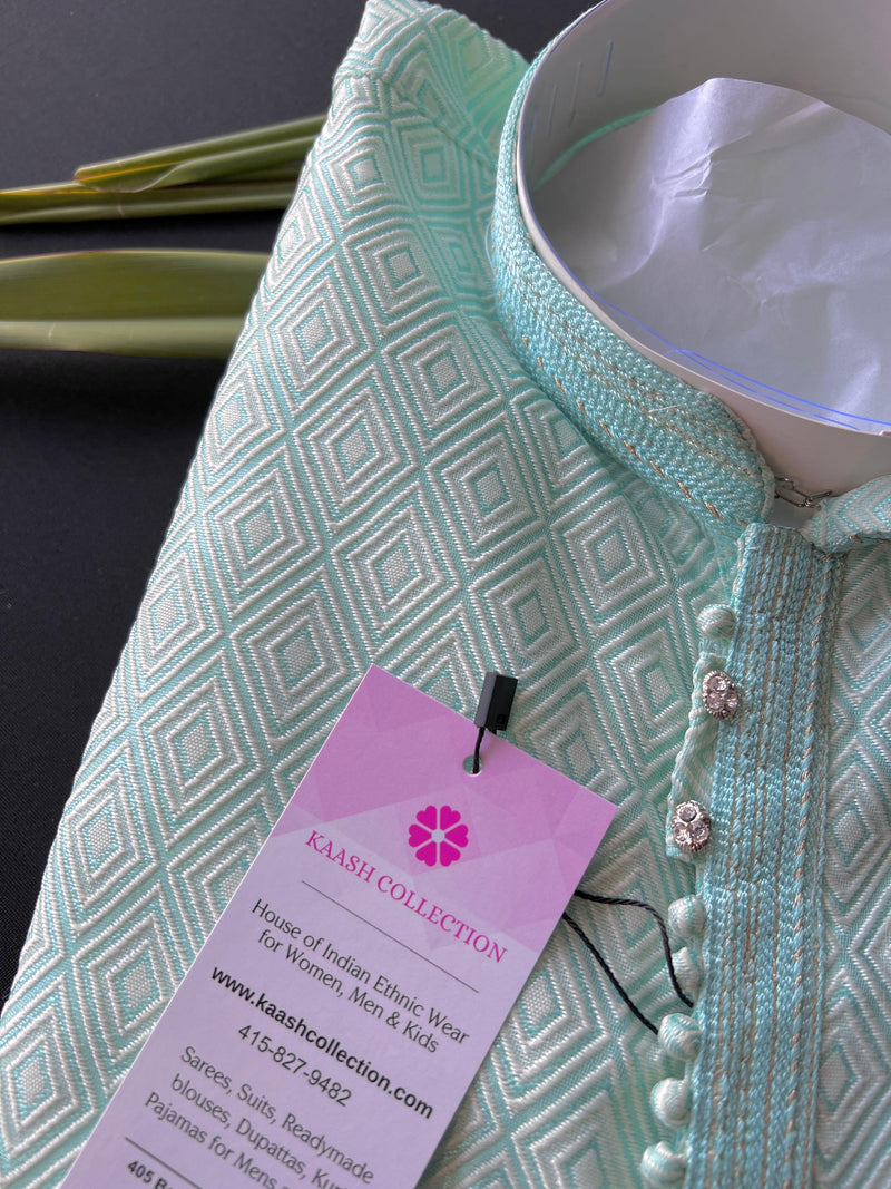 Pastel Green Soft Silk Men Kurta Pajama with Self Design material | Mens Ethnic Wear | Kurta for Men | Wedding Kurta for Men | Blue Kurta - Kaash Collection