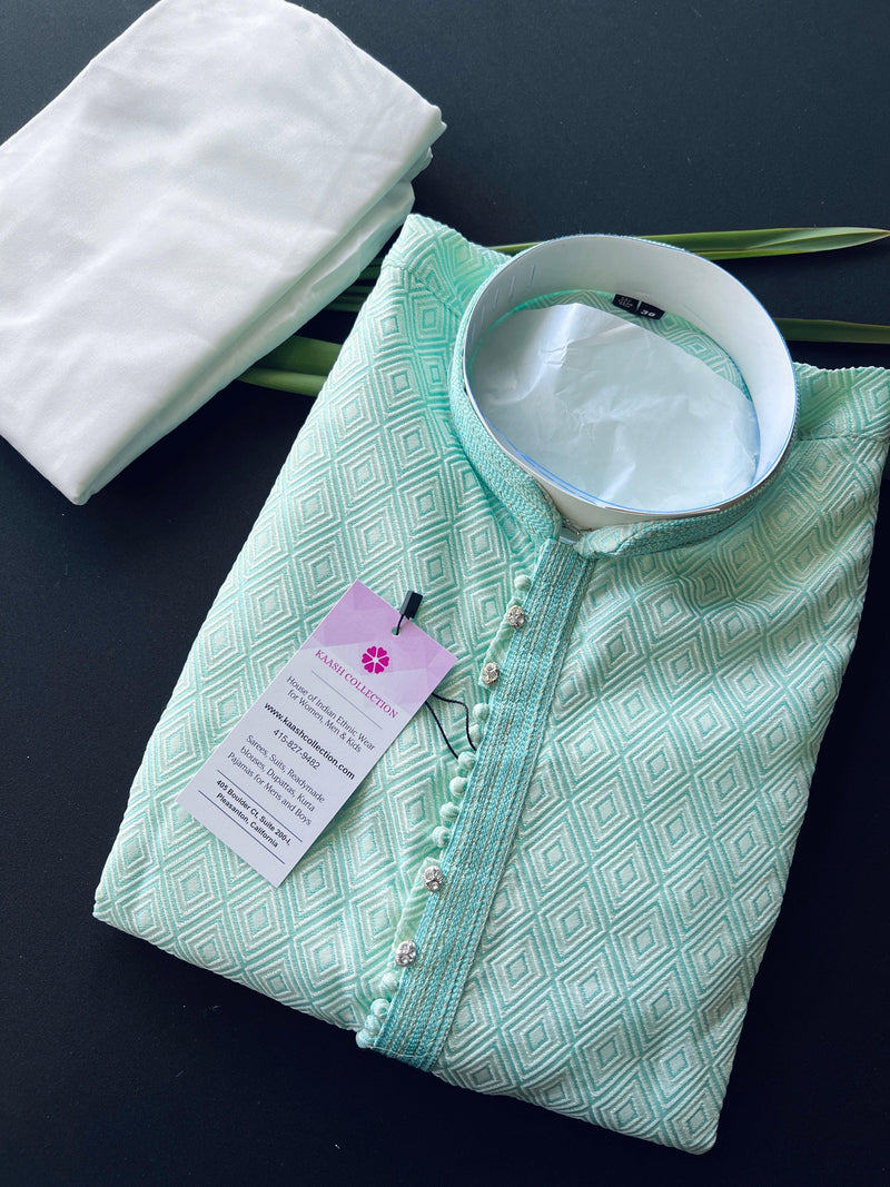 Pastel Green Soft Silk Men Kurta Pajama with Self Design material | Mens Ethnic Wear | Kurta for Men | Wedding Kurta for Men | Blue Kurta - Kaash Collection
