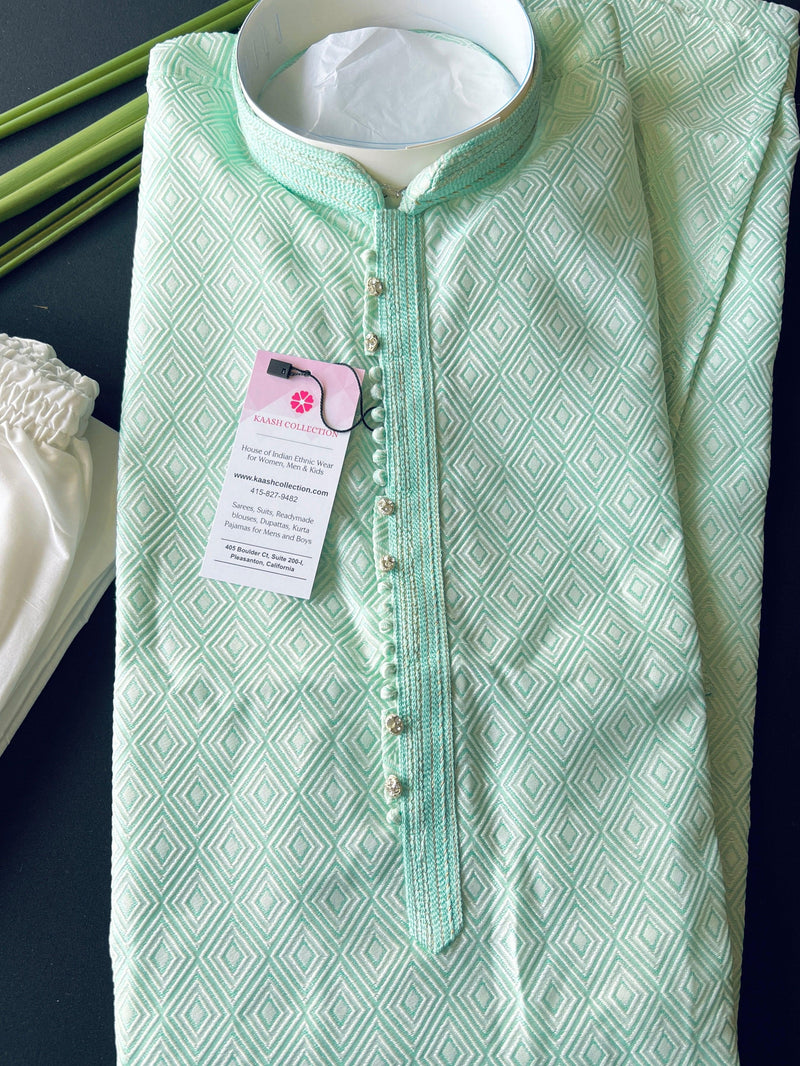Pastel Green Soft Silk Men Kurta Pajama with Self Design material | Mens Ethnic Wear | Kurta for Men | Wedding Kurta for Men | Blue Kurta - Kaash Collection