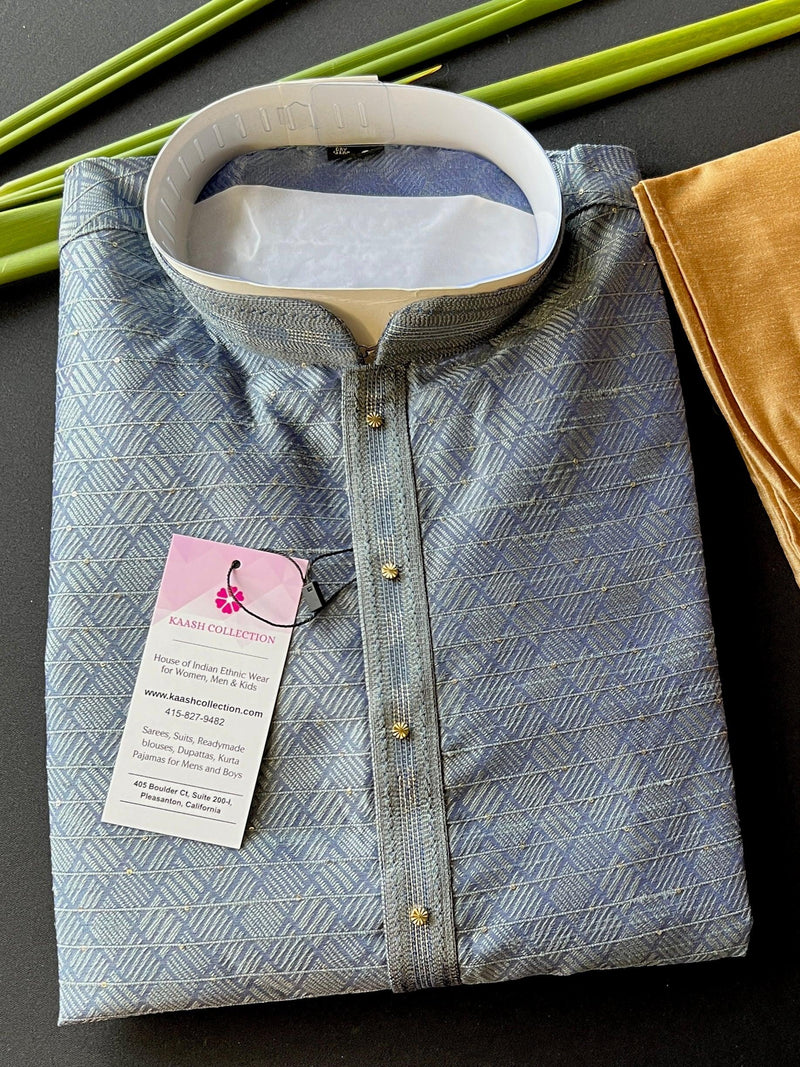 Slate Grey Men Kurta Pajama Set with tiny Sequin Work | Self Embroidered Material | Designer Indian Mens Wear | Kurta for Mens - Kaash