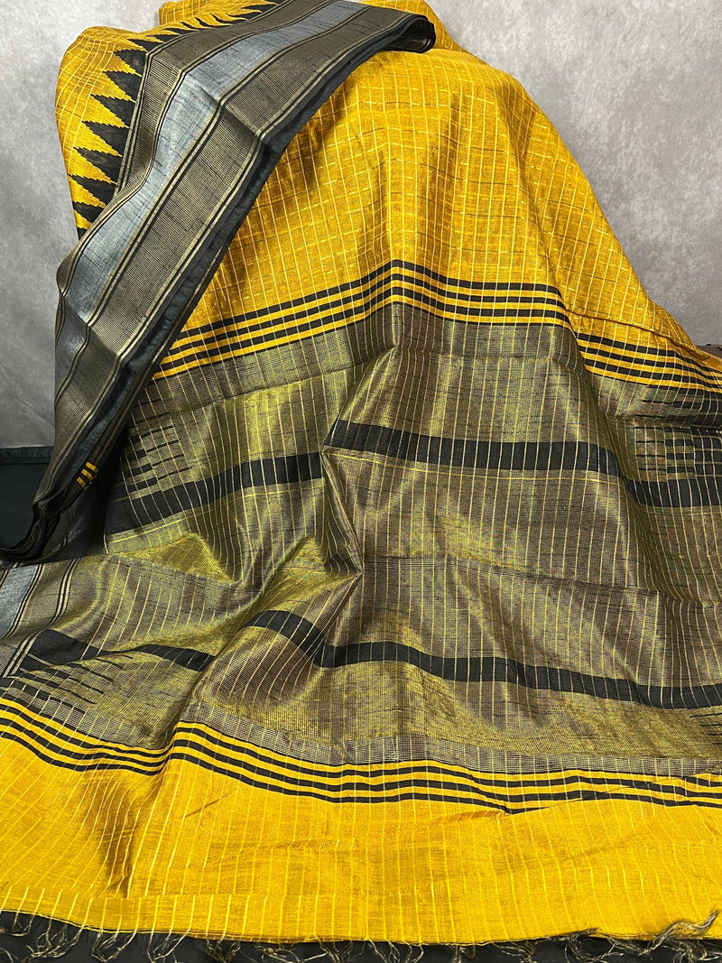 Mustard Yellow Pure Raw Silk Saree with Pink and Black Temple Borders with Checks | Handwoven Saree | Gift for Her | SILK MARK CERTIFIED - Kaash Collection