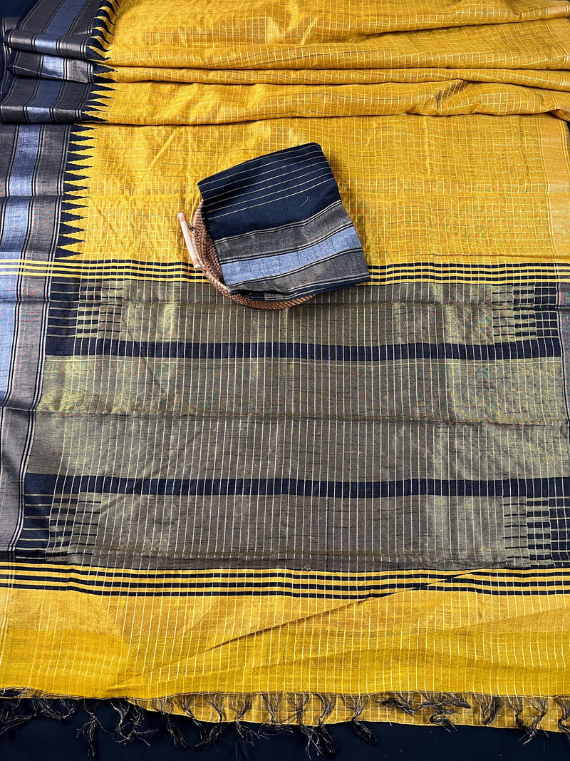 Mustard Yellow Pure Raw Silk Saree with Pink and Black Temple Borders with Checks | Handwoven Saree | Gift for Her | SILK MARK CERTIFIED - Kaash Collection