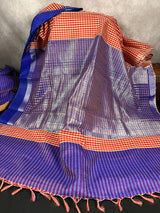 Pure Raw Silk Saree with Checks in Beige, Red and Royal Blue Color with Temple Border | Handwoven Saree | Gift for Her | SILK MARK CERTIFIED - Kaash Collection