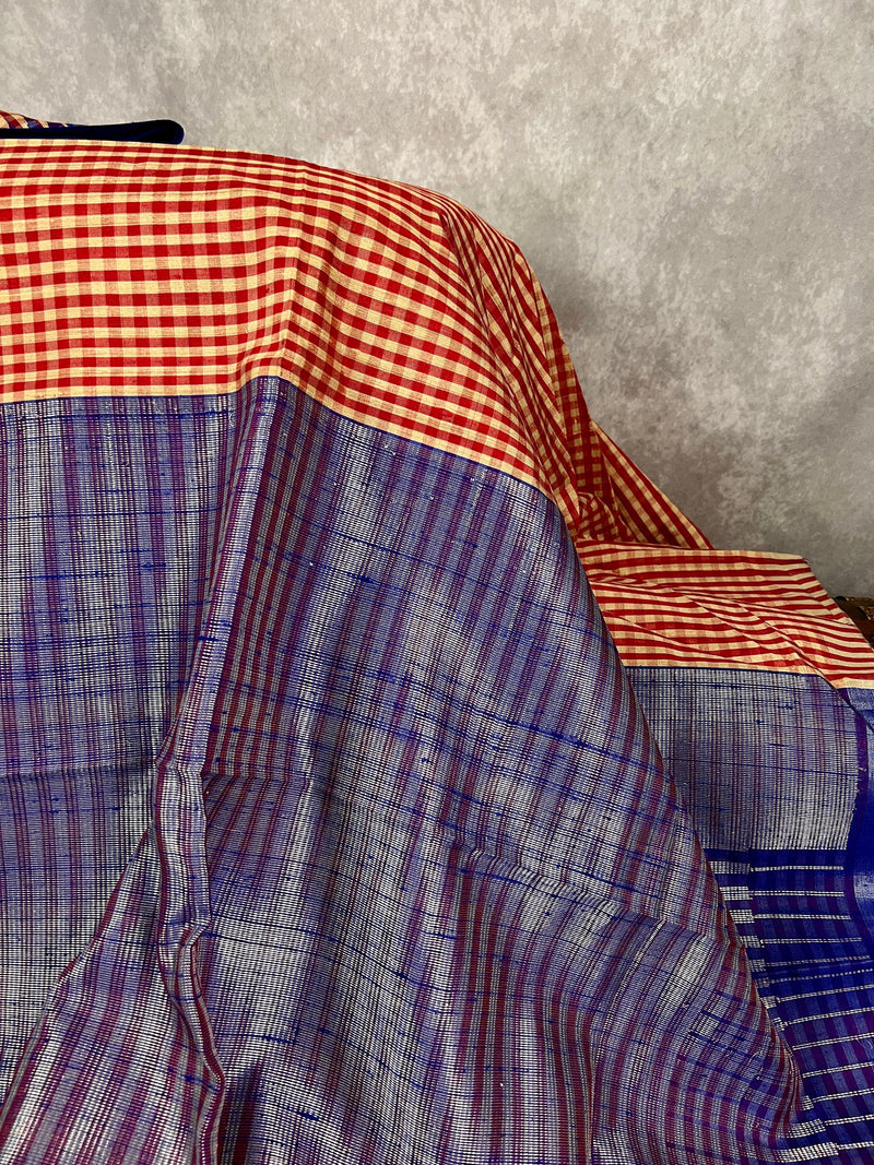 Pure Raw Silk Saree with Checks in Beige, Red and Royal Blue Color with Temple Border | Handwoven Saree | Gift for Her | SILK MARK CERTIFIED - Kaash Collection