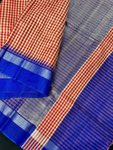 Pure Raw Silk Saree with Checks in Beige, Red and Royal Blue Color with Temple Border | Handwoven Saree | Gift for Her | SILK MARK CERTIFIED - Kaash Collection