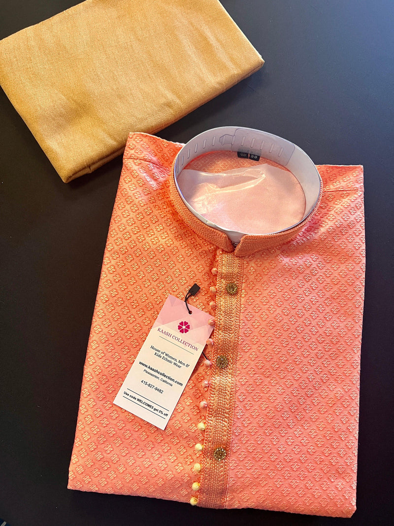 Peach Soft Silk Color Kurta Pajama Set with butti design on the Kurta | Kurta Pajama for Men | Men Ethnic Wear | Peach Kurta Sets - Kaash Collection