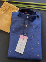 Boys Soft Silk Blue Color Kurta with Brown Gold Pants | Self design Embroidered Material with small buttis  | | Kids Wear | Kurta for Boys - Kaash Collection