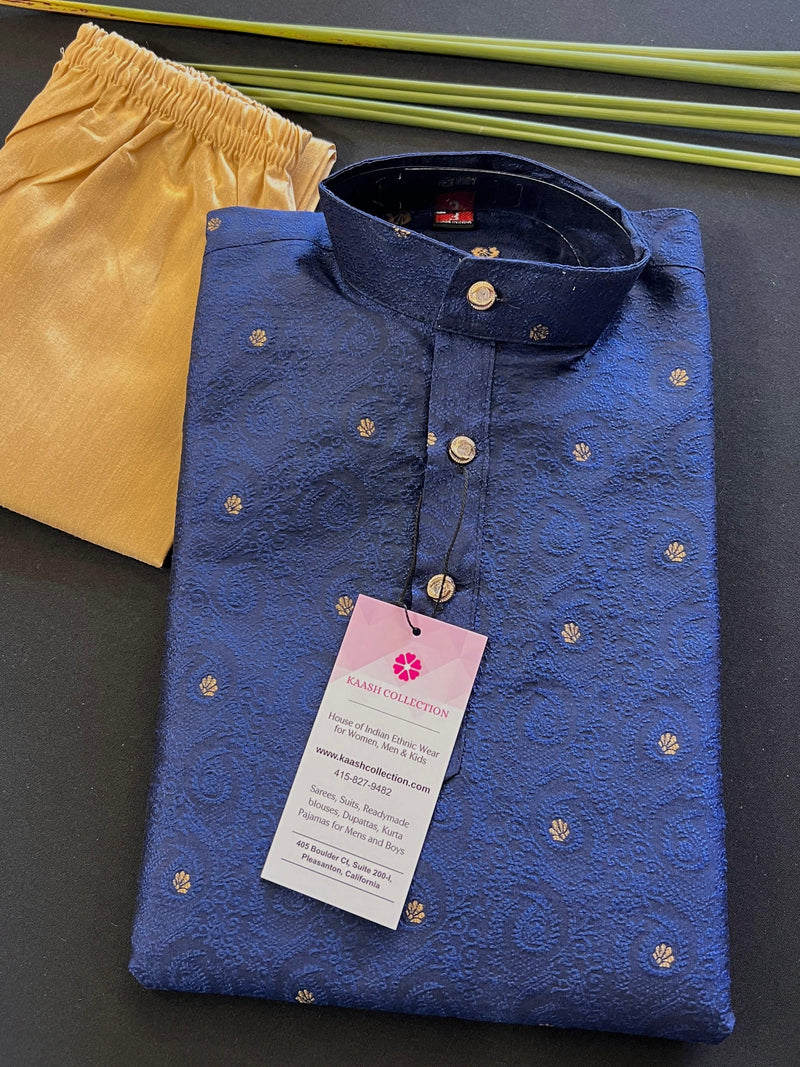 Boys Soft Silk Blue Color Kurta with Brown Gold Pants | Self design Embroidered Material with small buttis  | | Kids Wear | Kurta for Boys - Kaash Collection