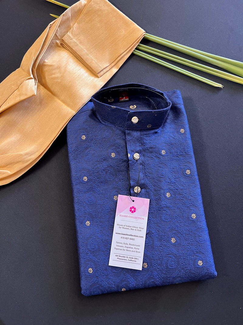 Boys Soft Silk Blue Color Kurta with Brown Gold Pants | Self design Embroidered Material with small buttis  | | Kids Wear | Kurta for Boys - Kaash Collection