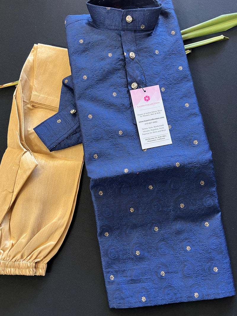 Boys Soft Silk Blue Color Kurta with Brown Gold Pants | Self design Embroidered Material with small buttis  | | Kids Wear | Kurta for Boys - Kaash Collection
