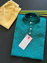 Boys Soft Silk Teal Color Kurta with Brown Gold Pants | Self design Embroidered Material | | Kids Wear | Boys Wear | Infants Kurtas - Kaash Collection