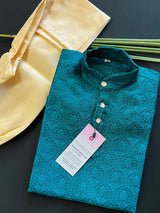 Boys Soft Silk Teal Color Kurta with Brown Gold Pants | Self design Embroidered Material | | Kids Wear | Boys Wear | Infants Kurtas - Kaash Collection