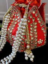 Bright Orangish Red Wedding Potli Bag | Handmade Embellished Stone and Pearl |  Desi Indian Pakistani Wedding Purse | Evening Party Purse - Kaash Collection