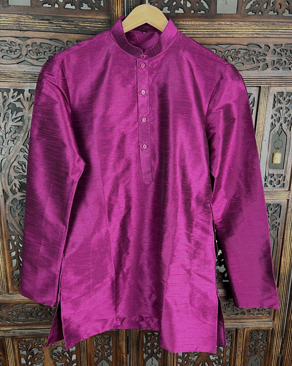 Deep Magenta Color Raw Silk Indian Men Short Kurta | Mens Ethnic Wear |  Indian Men Clothing | Kurta Only | Short Kurta | Kaash Collection - Kaash Collection