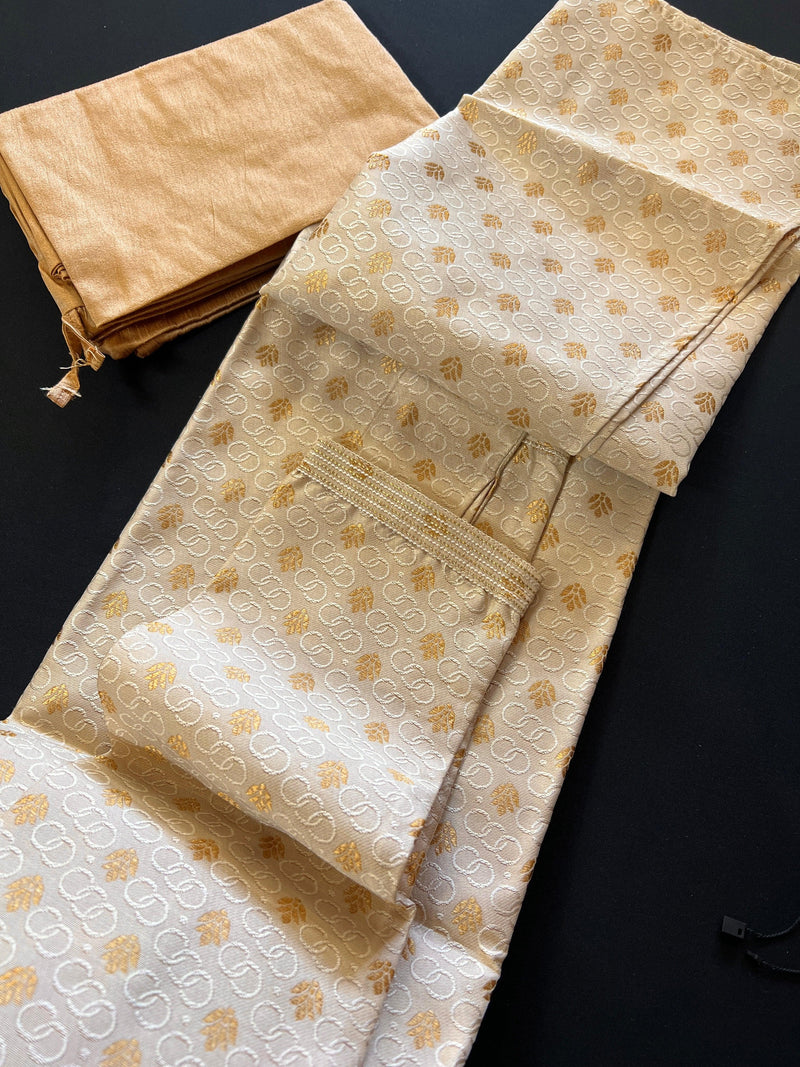Cream Gold Men Kurta Pajama Set with small buttis Weave Work - Kaash Collection