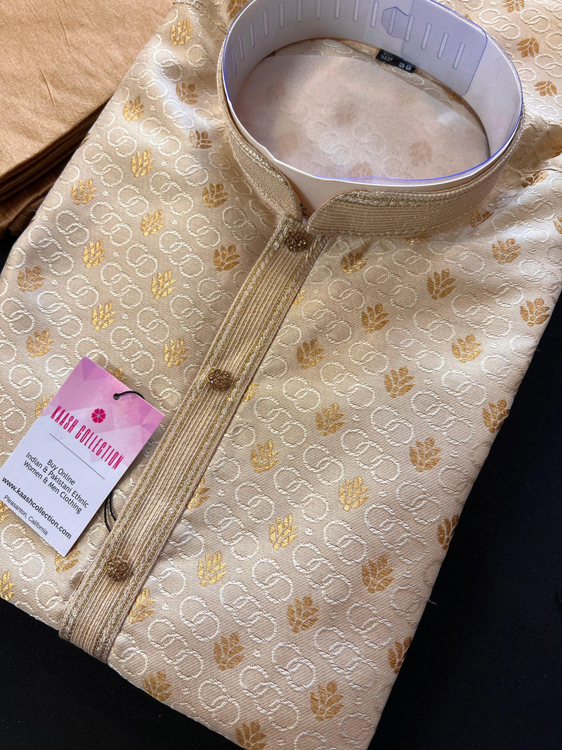 Cream Gold Men Kurta Pajama Set with small buttis Weave Work - Kaash Collection
