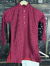 Wine Color Kurta Pajama 2pcs Set for Boys in Georgette material with Lucknowi Chikankari Work | Boys Kurta Pajama | Boys Kurtas | Kids Wear - Kaash Collection