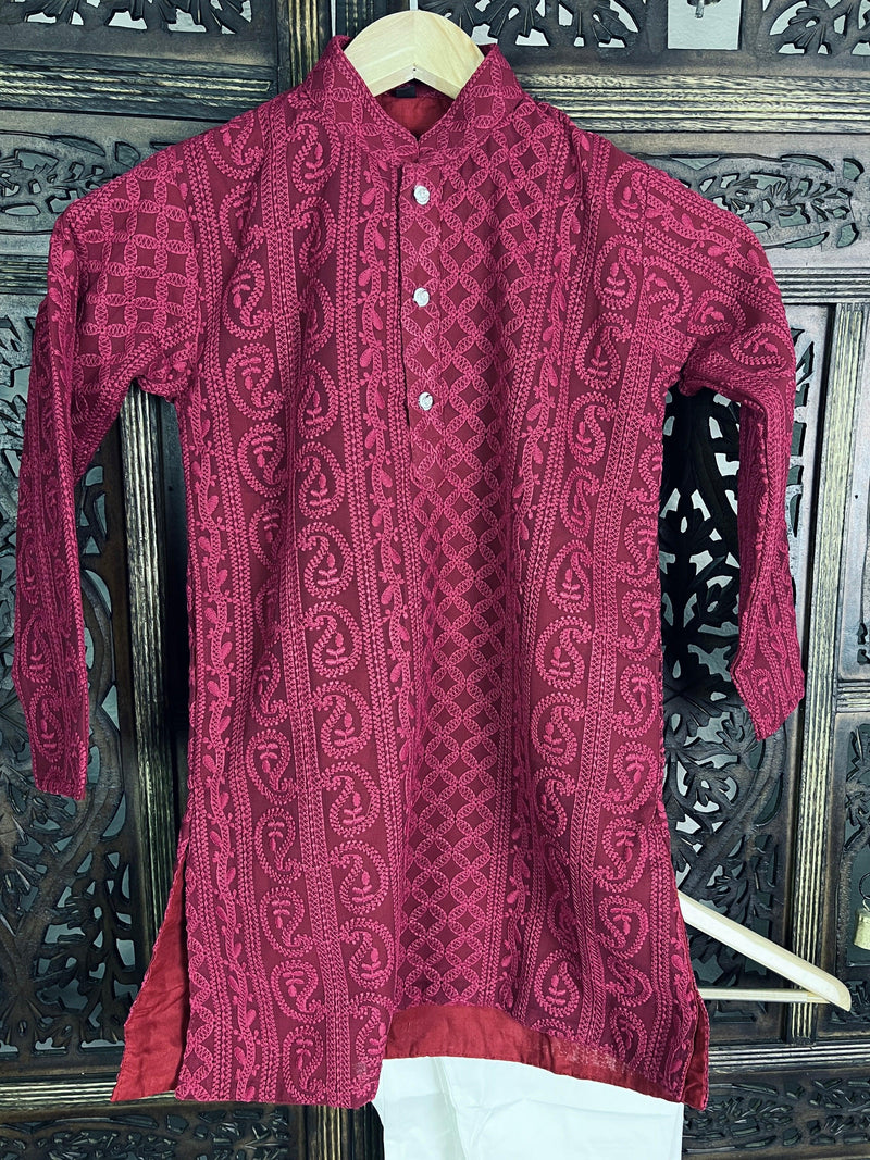 Wine Color Kurta Pajama 2pcs Set for Boys in Georgette material with Lucknowi Chikankari Work | Boys Kurta Pajama | Boys Kurtas | Kids Wear - Kaash Collection
