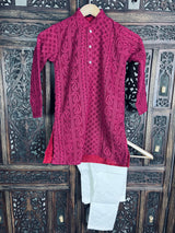 Wine Color Kurta Pajama 2pcs Set for Boys in Georgette material with Lucknowi Chikankari Work | Boys Kurta Pajama | Boys Kurtas | Kids Wear - Kaash Collection
