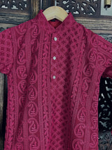 Wine Color Kurta Pajama 2pcs Set for Boys in Georgette material with Lucknowi Chikankari Work | Boys Kurta Pajama | Boys Kurtas | Kids Wear - Kaash Collection