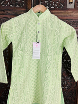 Light Parrot Green Kurta Pajama for Boys in Georgette material with Lucknowi Chikankari Work | Boys Kurta Pajama | Boys Kurtas - Kaash Collection