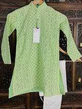 Light Parrot Green Kurta Pajama for Boys in Georgette material with Lucknowi Chikankari Work | Boys Kurta Pajama | Boys Kurtas - Kaash Collection