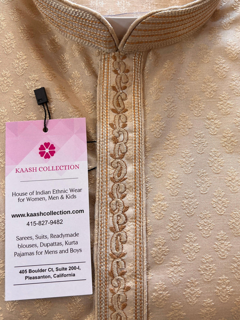 Gold Color Raw Silk Men Kurta Pajama Set with Embroidery Neckline | Mens Ethnic Wear Wedding Kurtas | groomsmen Kurta | Kurta Sets in USA - Kaash