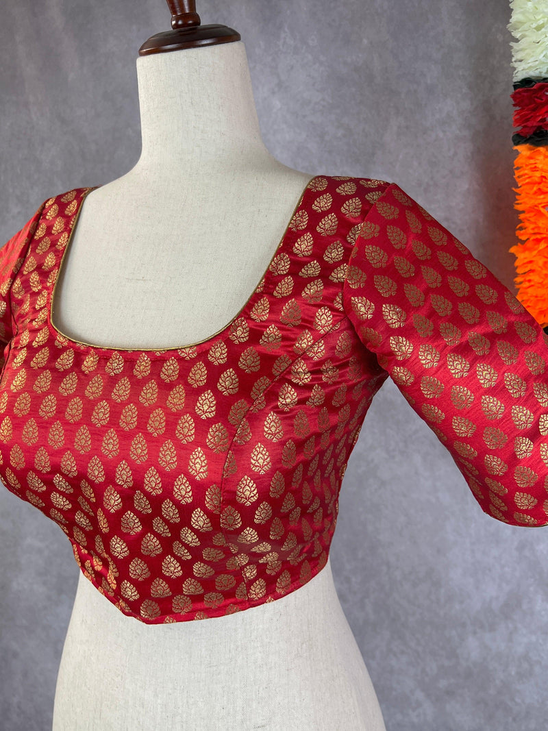 Red Color Readymade Blouse with Gold Buttis in Pure Banarasi Silk | Readymade Blouses | Red Blouse | Stitched Blouse - Kaash