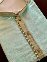 Sea Green Soft Silk Men Kurta Pajama with Weave Work | Mens Ethnic Wear | Floral Kurta Pajama | Ethnic Men Wear in USA | Kaash Collection - Kaash Collection