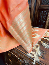 Peach Handmade Soft Silk Zari Weaved Dupatta with Koniya design and small buttis | Indian Dupatta | Stole | Scarf | Gift For Her - Kaash Collection