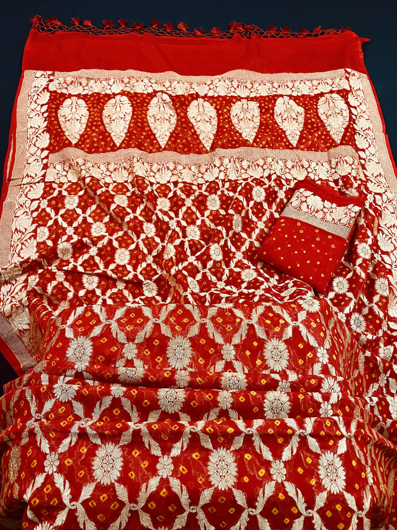 Pure Banarasi Georgette Bandhej Bandhani Saree in Red and Orange | SILK MARK CERTIFIED | Kaash Collection - Kaash Collection