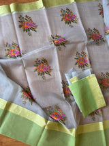 Grey Color with two shades of Lime color Borders Banarasi Kora Saree with Floral Embroidery Work | Floral Bunch Saree - Kaash