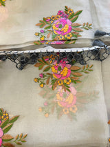 Grey Color with two shades of Lime color Borders Banarasi Kora Saree with Floral Embroidery Work | Floral Bunch Saree - Kaash