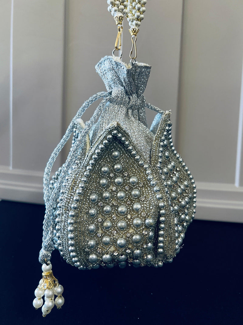 Wedding Potli Bag | Sliver Beaded Clutch Handmade Bag | Party Clutch Sling | Wedding Purse | Bridal Bag | Handmade Embellished Bag - Kaash