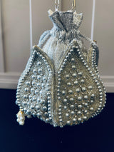 Wedding Potli Bag | Sliver Beaded Clutch Handmade Bag | Party Clutch Sling | Wedding Purse | Bridal Bag | Handmade Embellished Bag - Kaash