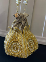 Gold Potli Bag | Gold Beaded Studded Sequin Clutch | Party Clutch Sling | Wedding Purse in Gold | Handmade, Embellished Lotus Potli - Kaash