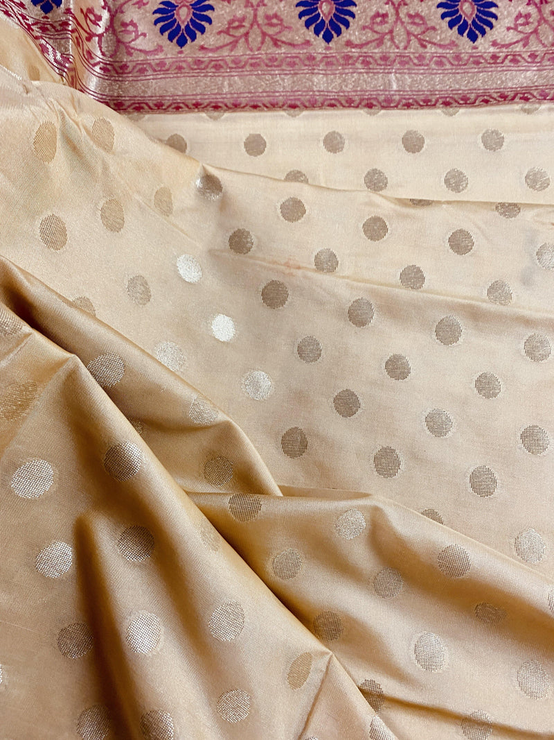 Ivory Cream Banarasi Silk Saree with Hot Pink combination | Meenakari Work with small buttis |Soft Silk Handloom | Kaash Collections - Kaash Collection