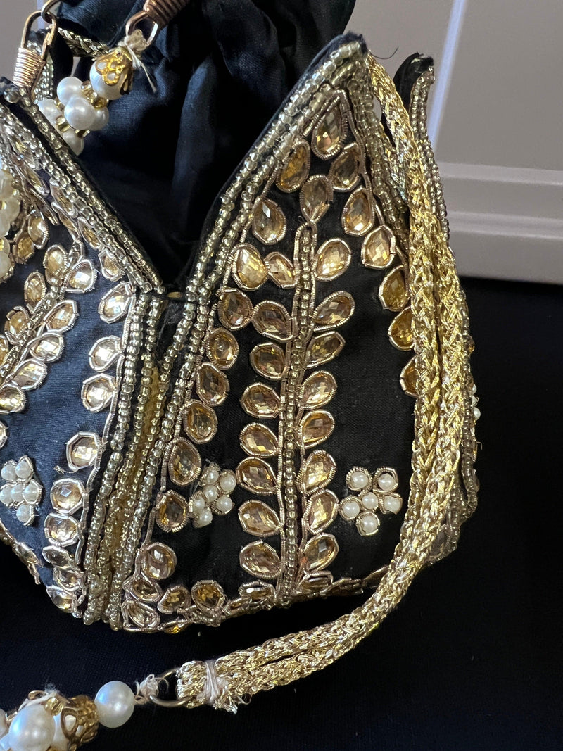 Black Color Wedding Potli Bag | Handmade Embellished Stone and Pearl | Desi Indian Pakistani Wedding Purse | Evening Party Purse - Kaash