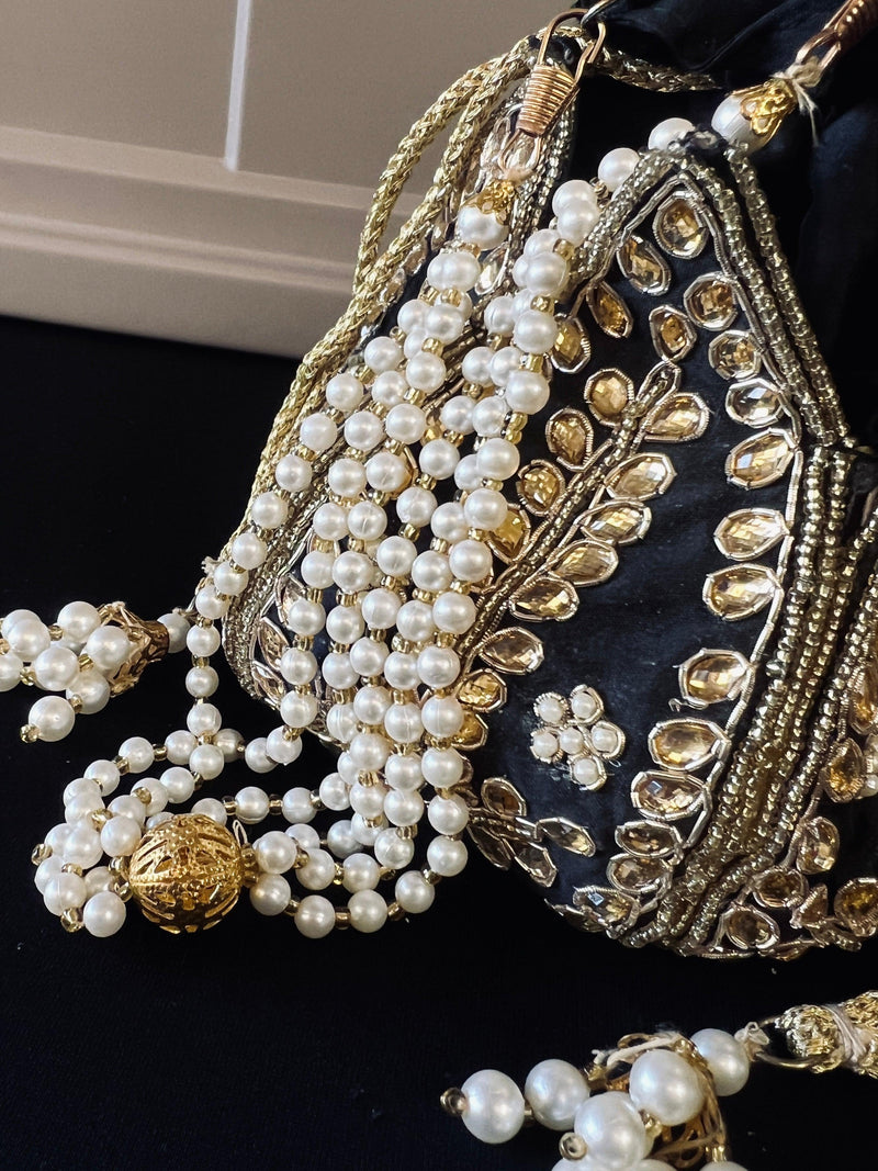 Black Color Wedding Potli Bag | Handmade Embellished Stone and Pearl | Desi Indian Pakistani Wedding Purse | Evening Party Purse - Kaash